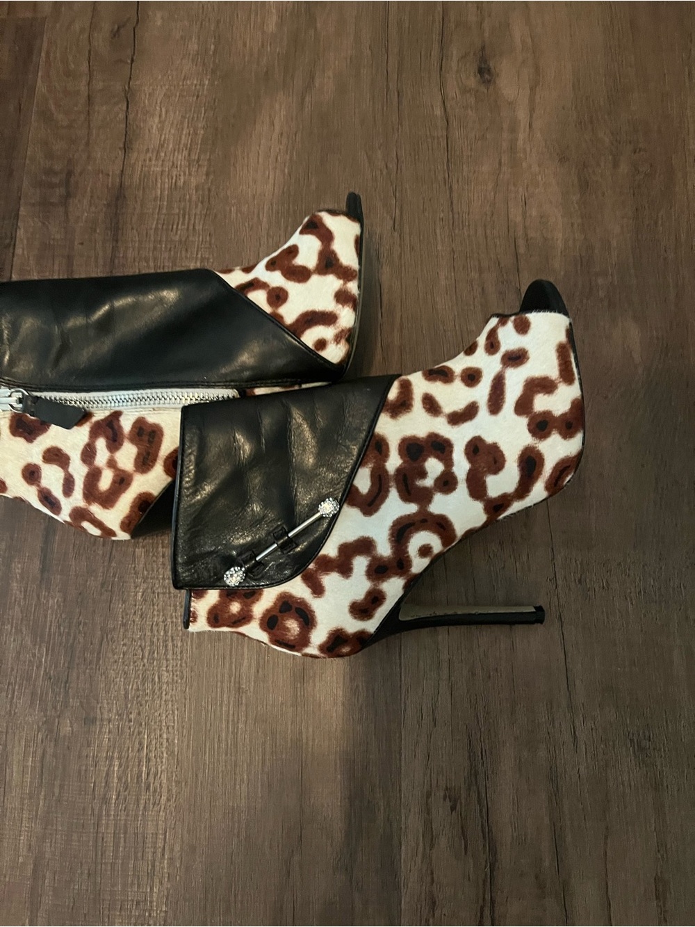 Women's Brown Leopard Print Stiletto Booties with Black Leather Accent